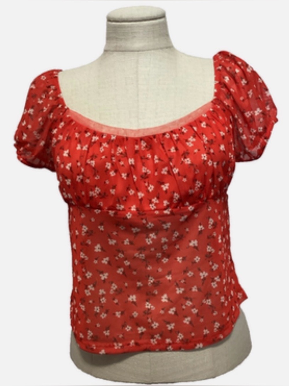 Red Floral Short Sleeve Peasant Japanese Cherry Blossom Sheer Summer Blouse Top